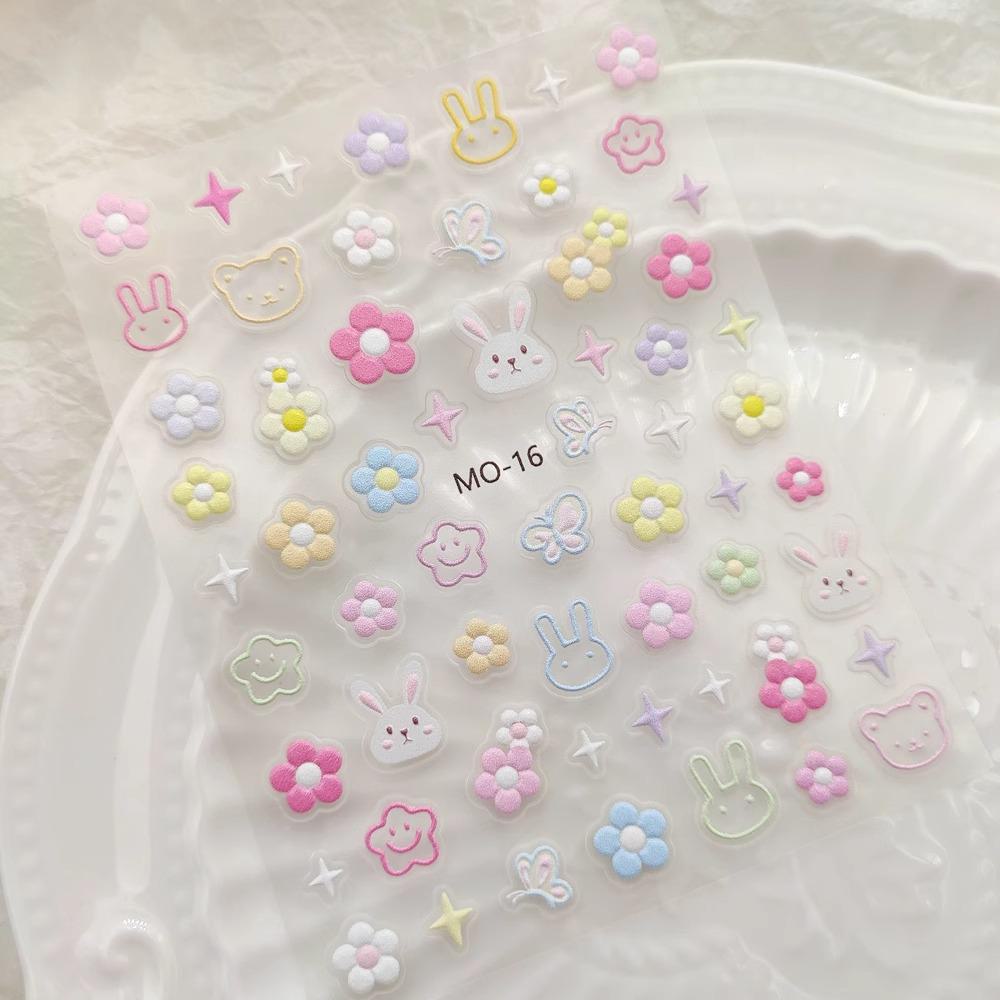 Embossed Nail Art Stickers: Flowers, Daisy, Cartoon, Tulips, Rabbit, Love, Butterfly Decals.