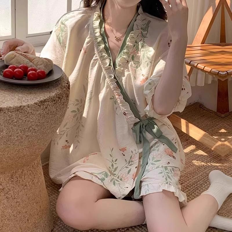 Chinese Style Lace Up Pajama Suit Flower V-Neck Shorts Sleeve Nightwear Women Homewear Loose Two Pieces Sleepwear Sets Home