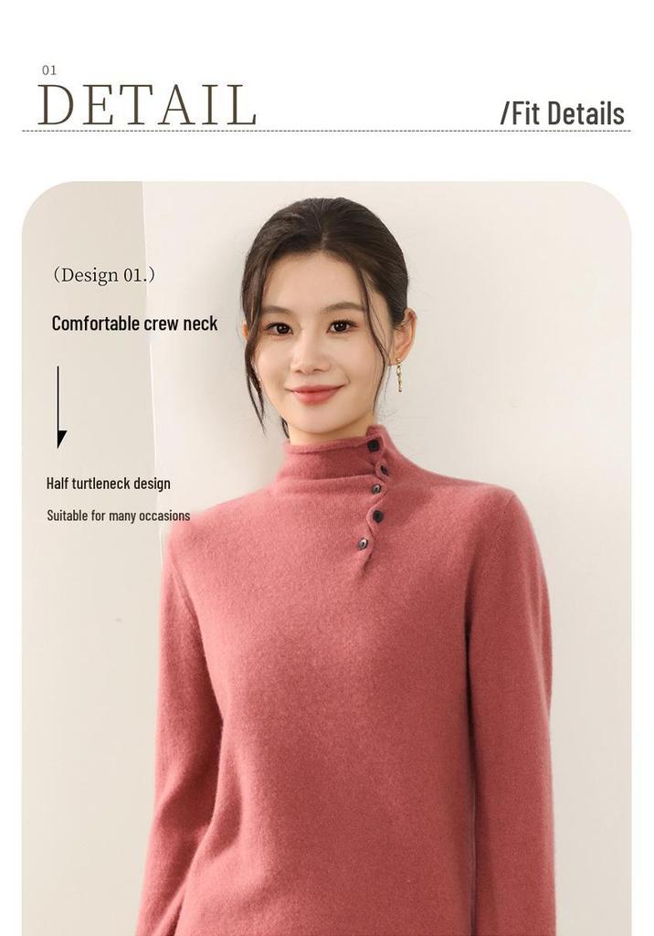 Winter 2025: Loose Casual Wool Sweater with Half-High Collar & Rolled Hem