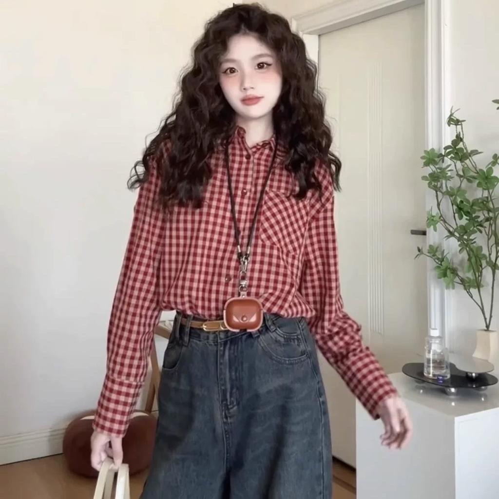 Korean retro red plaid shirt jacket women's spring and autumn casual loose temperament design sense sunscreen shirt top