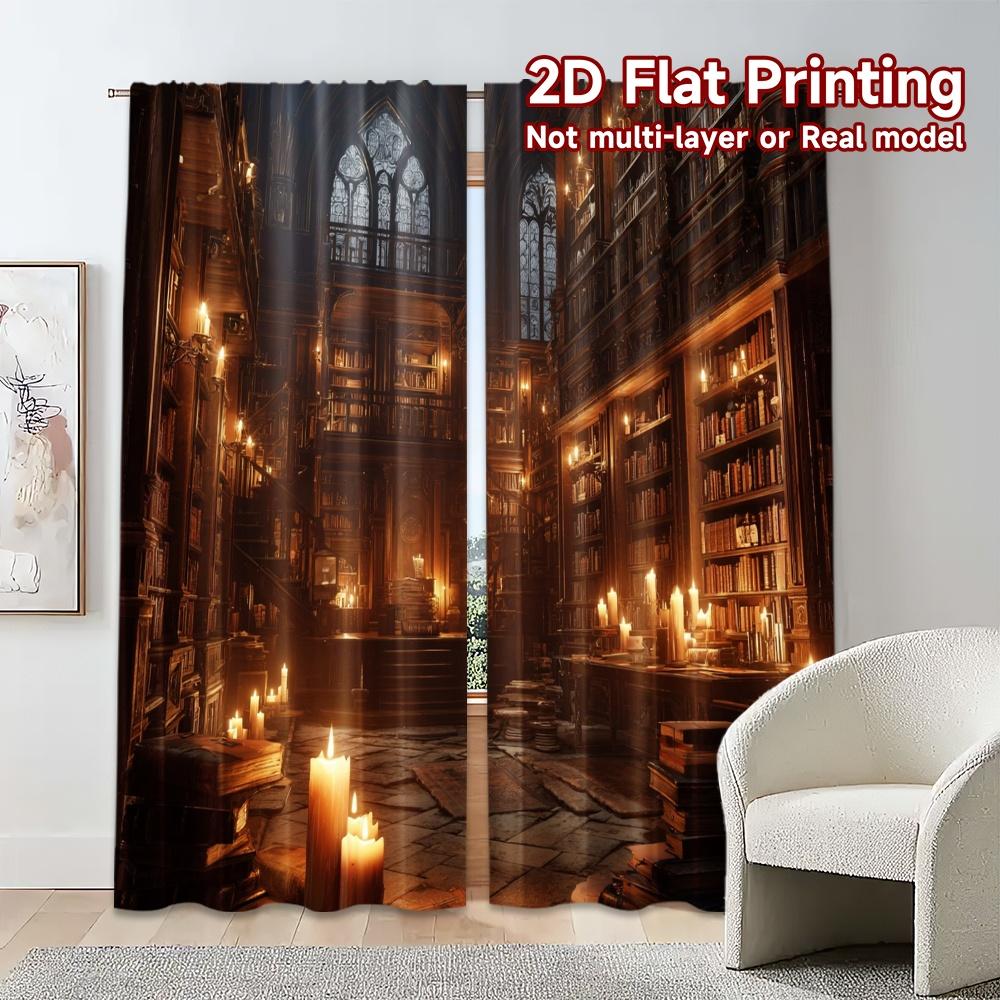 2pcs, 2D FLAT PRINTING Curtains (Without Rod) Mystic Library Creative Chic Curtains Durable Polyester Curtains Decorations