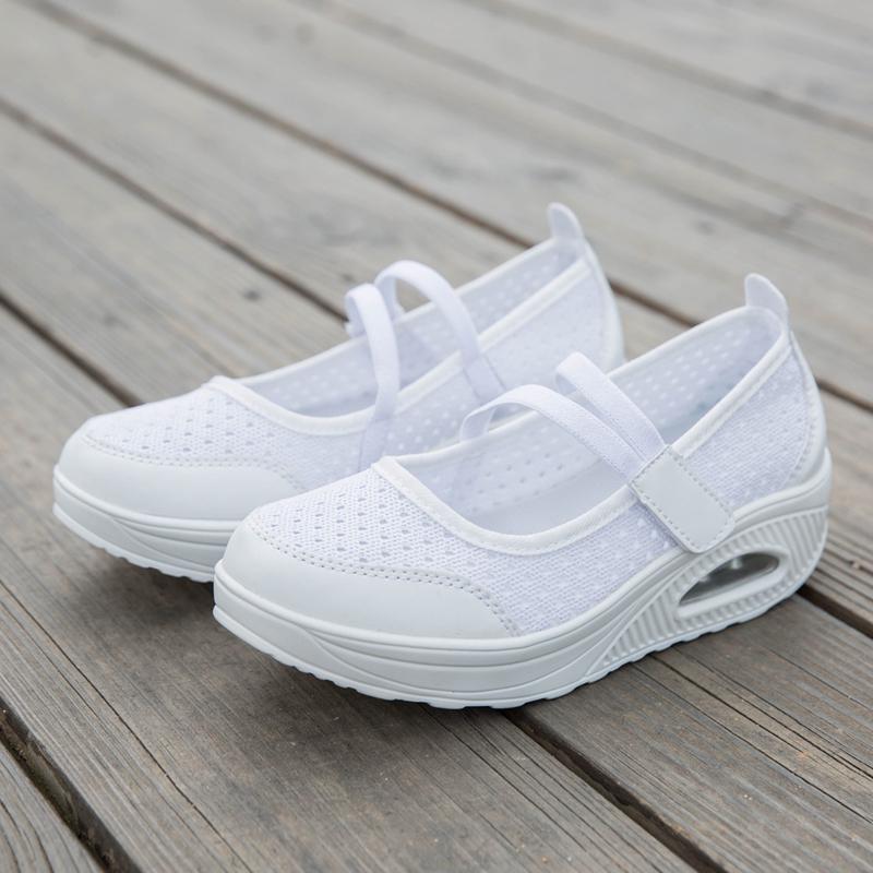 Women's Breathable Nurse Shoes Air Cushion Mesh Wedge Walking Shoes Hook & Loop Non-slip Lightweight Casual Footwear Thick Soled