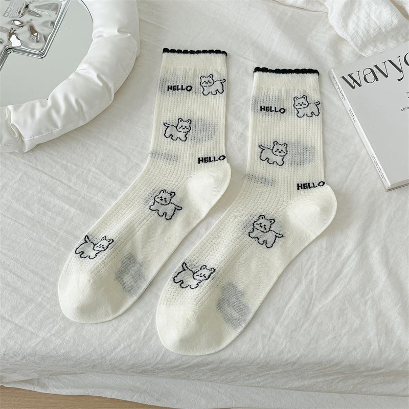 

Белые носки для женщин, носки до середины икры для весны и осени, тонкая дышащая сетка, милый песик Дуй Дуй, длинные до икры, бесшовные и модные 1 pair