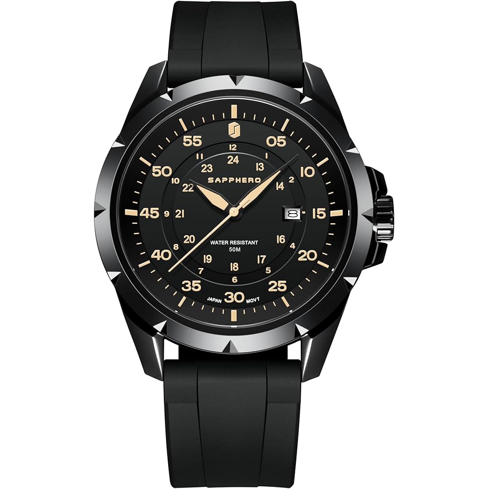 SAPPHERO Men s Analog Watch 50M Waterproof Luminous Silicone Band Date Display Black with Yellow Hands