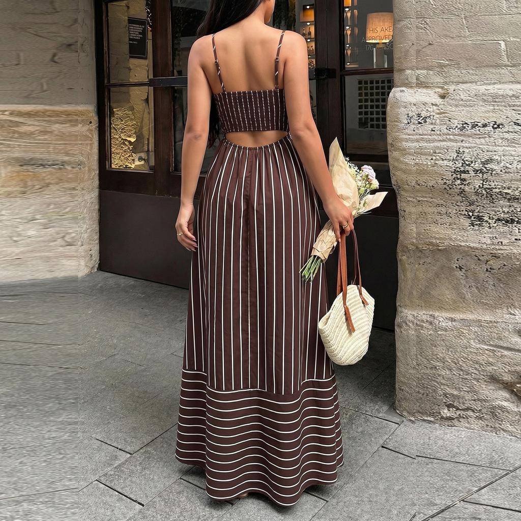 Women Striped Maxi Dress Sleeveless Spaghetti Strap Backless Waist Cinched Casual Summer Dress for Vacation Beachwear