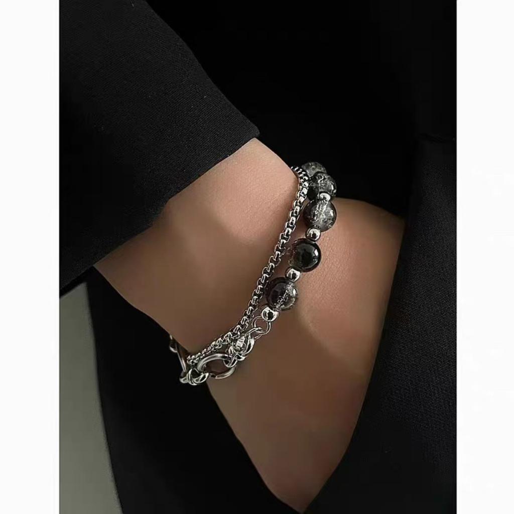 Double-Layer Cracked Ice Bead Spliced Titanium Steel Bracelet