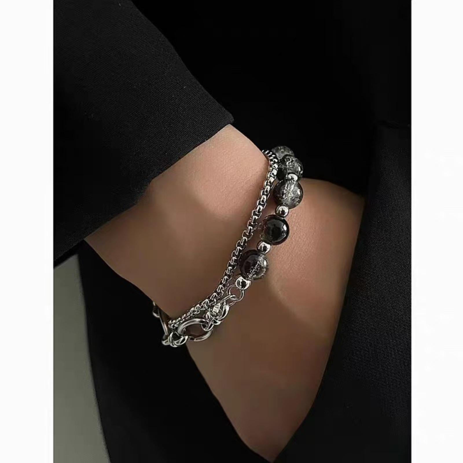 

Double-Layer Cracked Ice Bead Spliced Titanium Steel Bracelet One Size