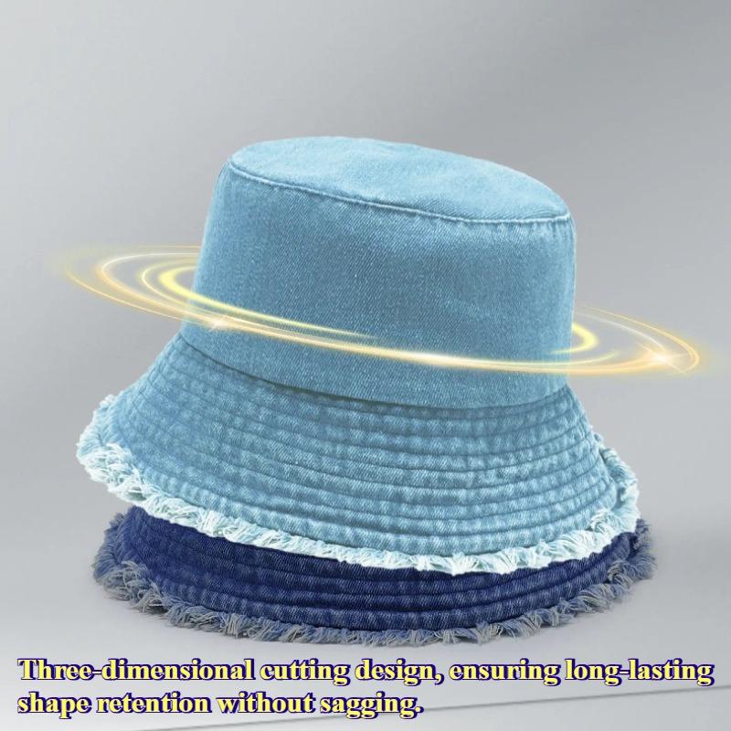 Women Summer Denim Bucket Hat Korean Vintage Washed Solid Color Sun Cap Wide Brim UV Protection Travel Beach Sun Hat