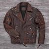 Chinese Size Heavy Motorcycle Jacket Natural Cowhide Leather Top Layer Brown Causal Vintage Retro Moto Suit Leather Coat Winter