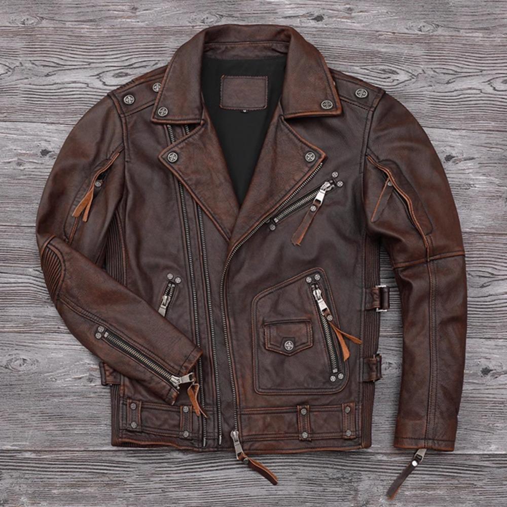 Chinese Size Heavy Motorcycle Jacket Natural Cowhide Leather Top Layer Brown Causal Vintage Retro Moto Suit Leather Coat Winter