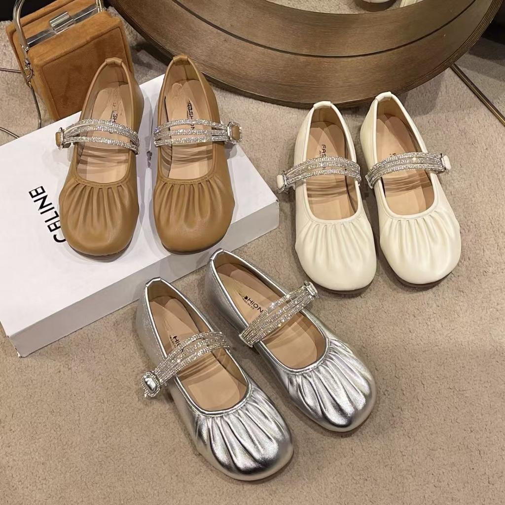 Mary Jane Women's Shoes 2025 One-word Soft-soled Single Shoes Women's Autumn New Flat-soled Buckle Night Rhinestones