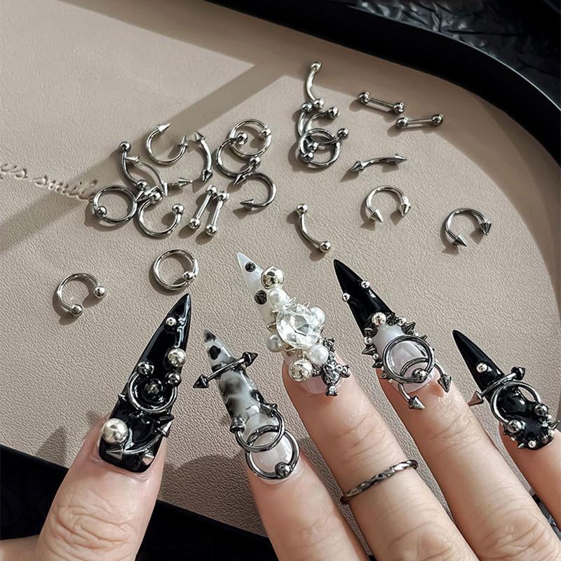 10 PCS Mixed Alloy Retro Circle Nails Art Charms 3D Punk Style Black Silver Nail Parts Nail Decoration Manicure Accessoires