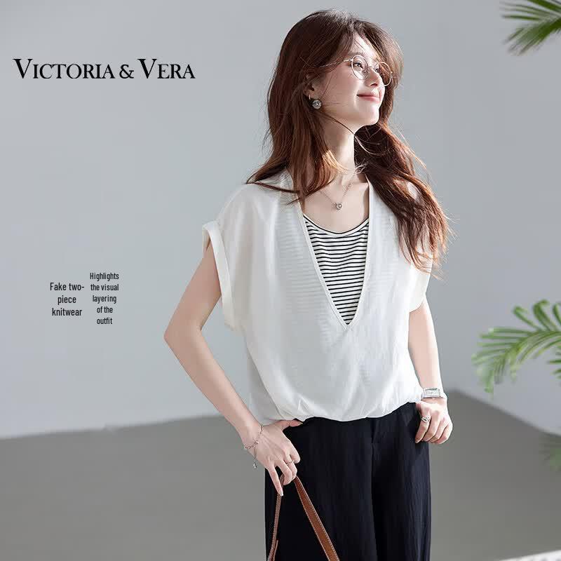 

VICTORIA&VERA Two-Piece Look Striped Drop-Shoulder Short-Sleeve Shirt XL
