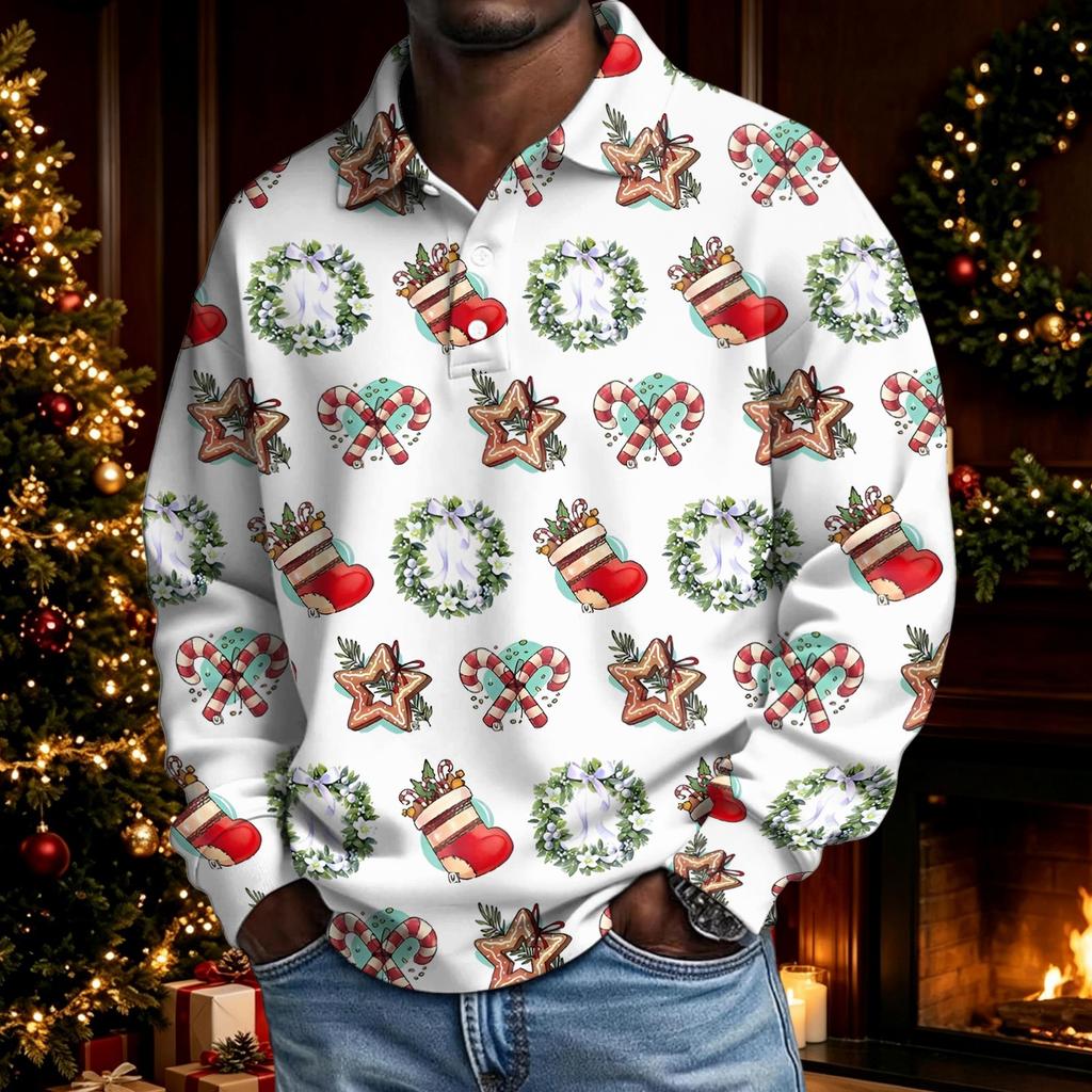 Men's Christmas Long Sleeve Button-Up Shirt for Holiday Parties and Casual Wear