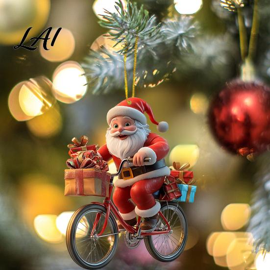 Christmas Atmosphere Decor 2Pcs Santa Riding Bicycle Acrylic Hanging Ornament Car Holiday Decorations Interior Rearview Mirror Charm Backpack