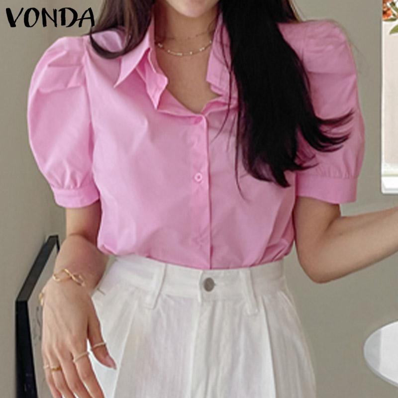 

VONDA летние тонкие женские однотонные рубашки с короткими рукавами и пышными рукавами