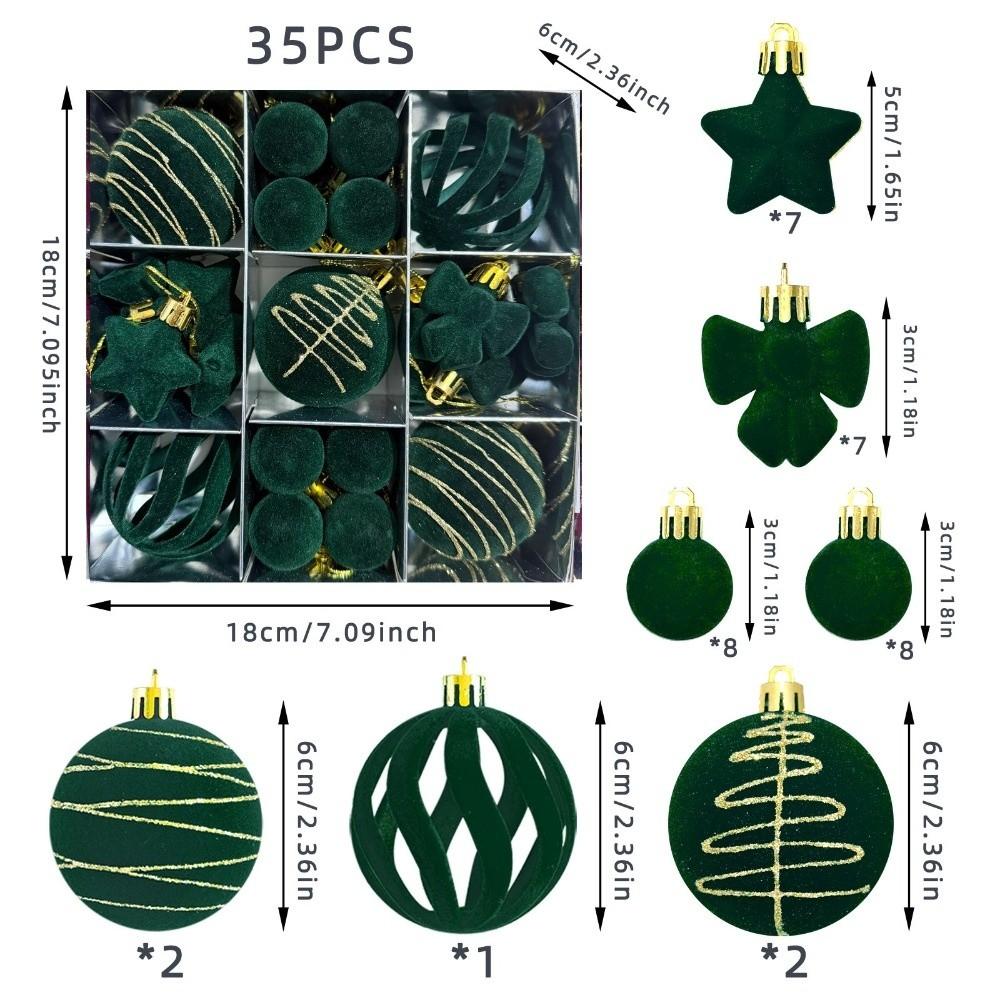 35PCS Flocked Xmas Tree Decor Set Velvet Bows Christmas Ball  Home Holiday Decor