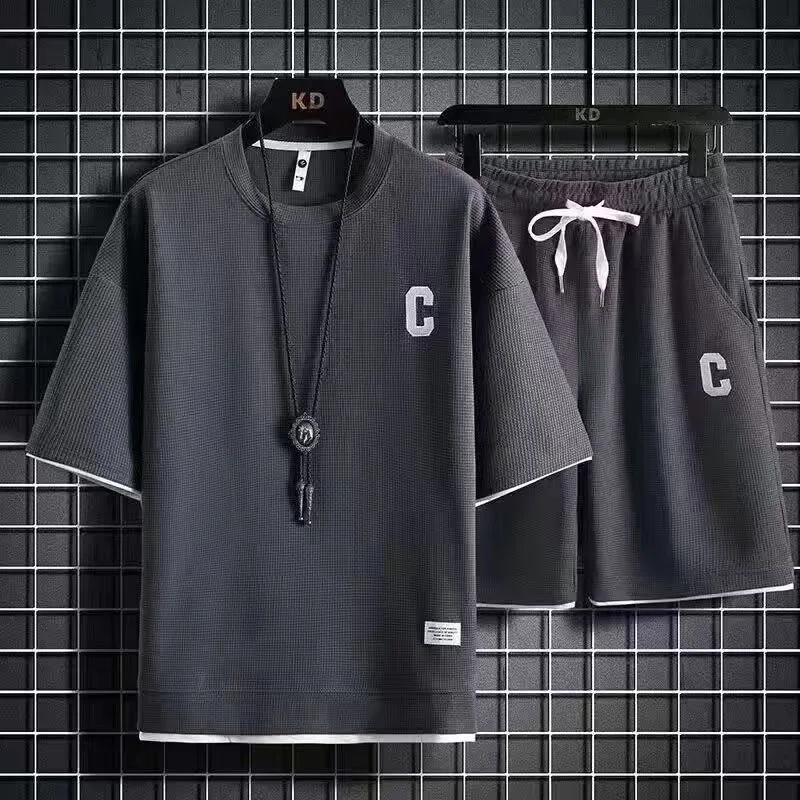 2024 Summer New Fashion Solid Color Short Sleeve T-shirt Suit Men's Casual Comfort Large Size High-Quality Sports Two-Piece Set