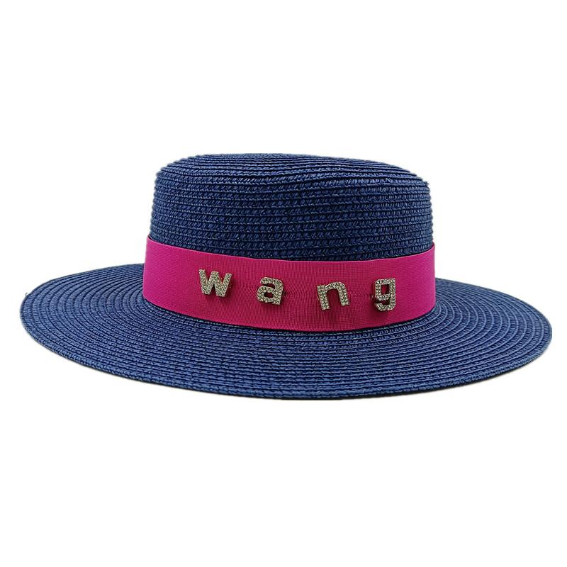 2022 new rhinestone RB letter flat top hat sunscreen black and white straw hat top hat holiday straw hat