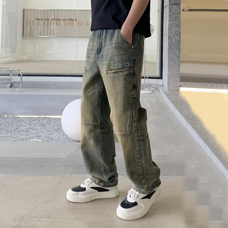 American Retro Jeans High Street New Men's Clothing Washed and Old Floor-mopping Pants Loose Casual Tooling Straight Pants