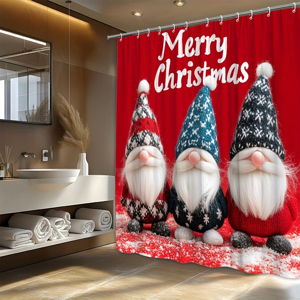 1pc Holiday Felt Gnome Shower Curtain - Christmas Scene with Red and Blue Hats, Snowflakes, and Beards, 70x70 inches, 12 Hooks 90x180cm35x71in