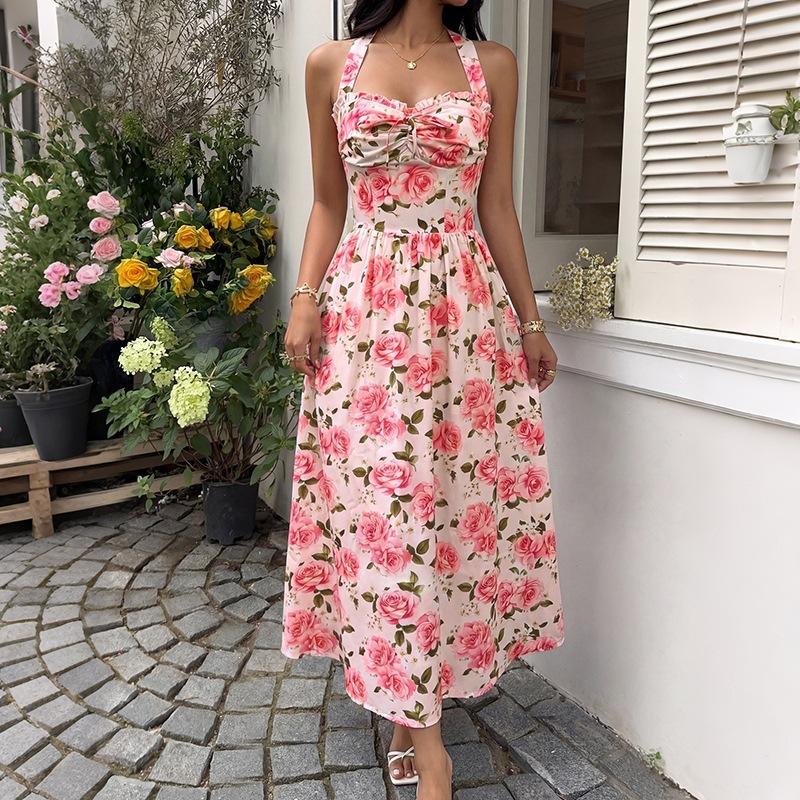 Women Sweet Floral Print Halter High Waist Midi A Line Summer Dress S