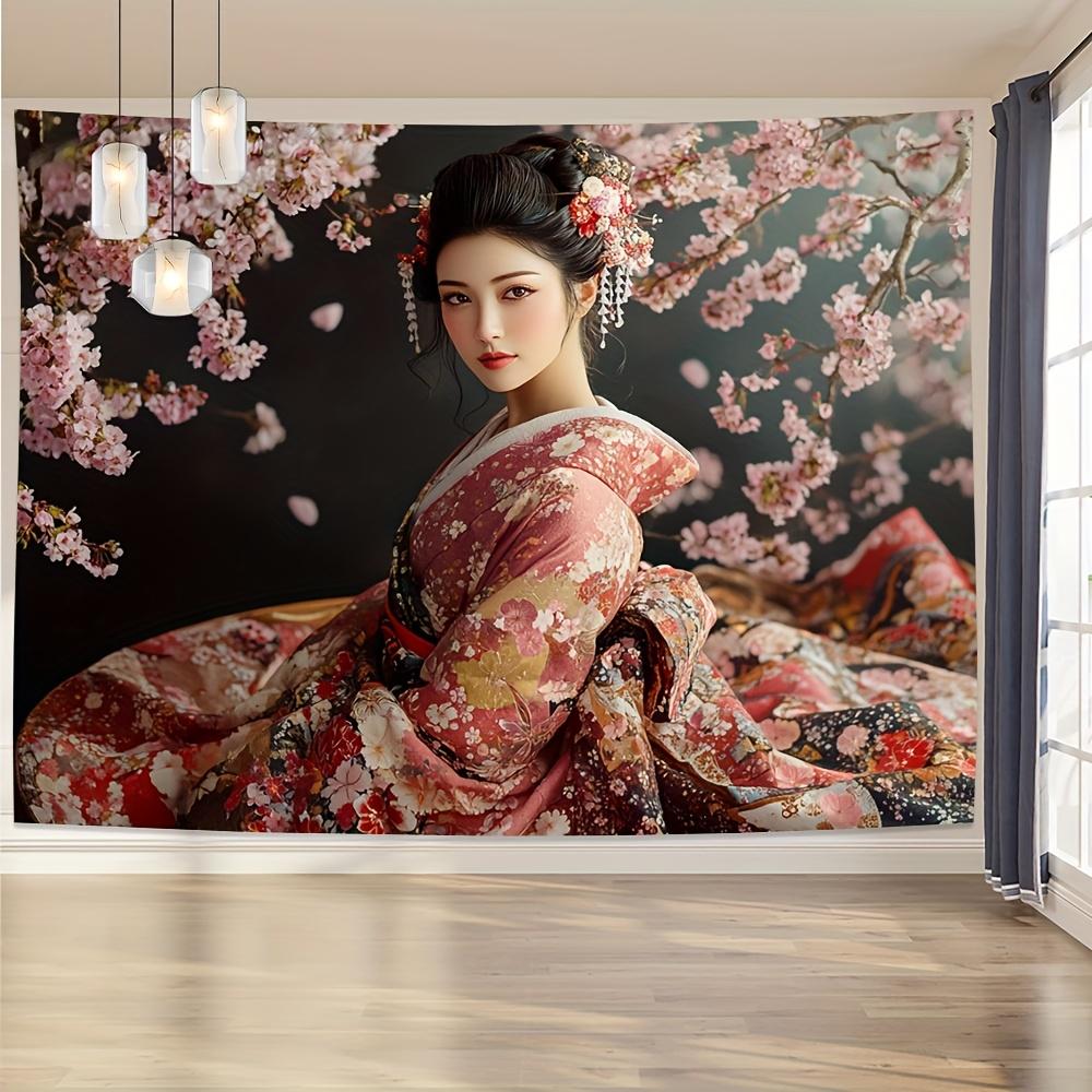 Geisha Woman Cherry Blossom Tapestry Japanese Kimono Art Spring Flowers Wall Hanging Eastern Decor Living Room Print