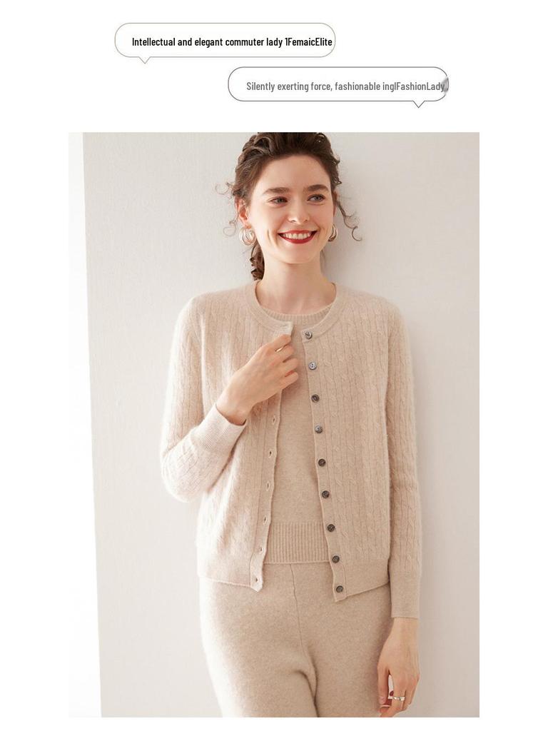 Retro Women's Grey Cable Knit Cashmere Cardigan Sweater - Round Neck, Long Sleeve, Open Front