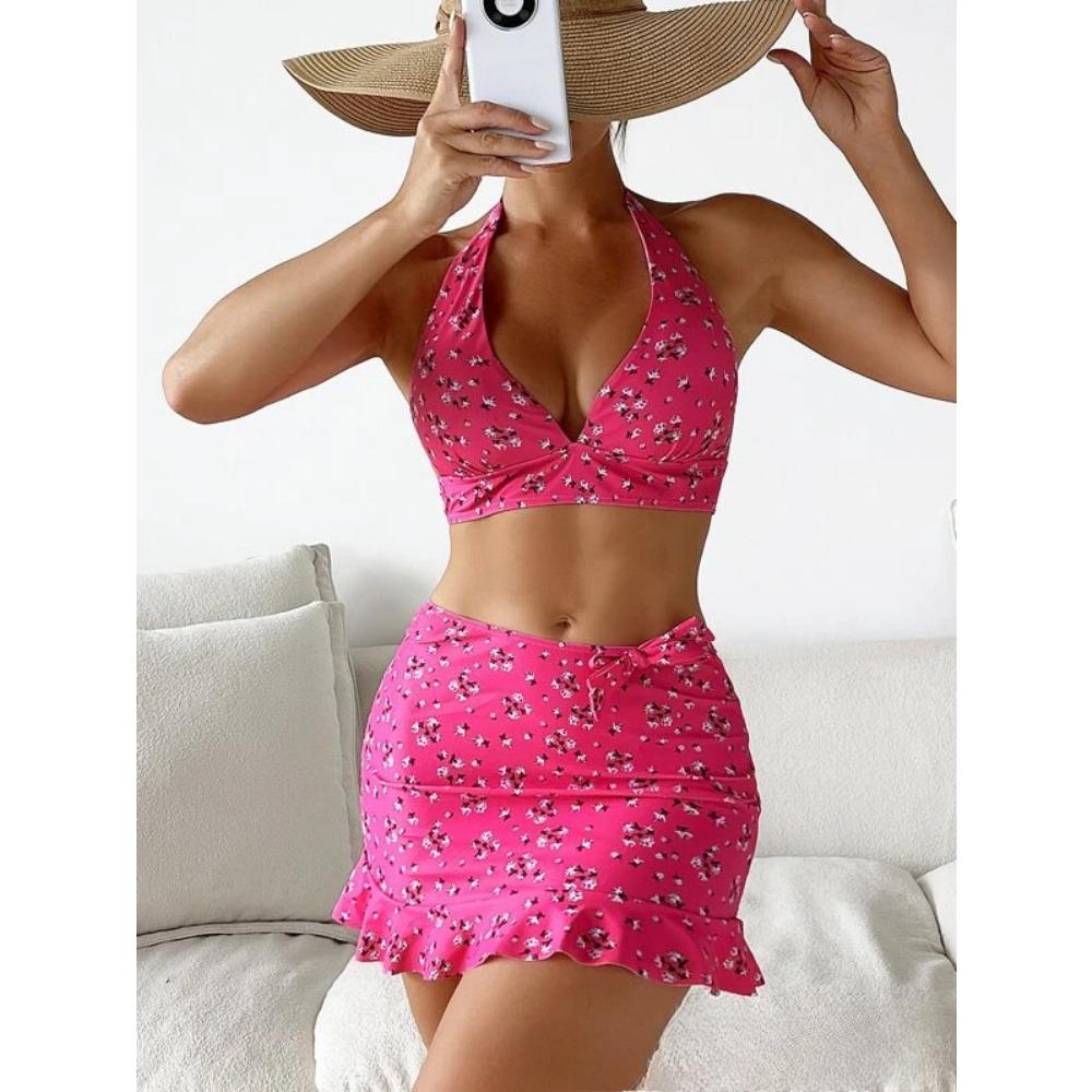 Maillot de bain trois pièces pour femmes à imprimé multicolore, bikini fendu sexy à la mode européenne et américaine