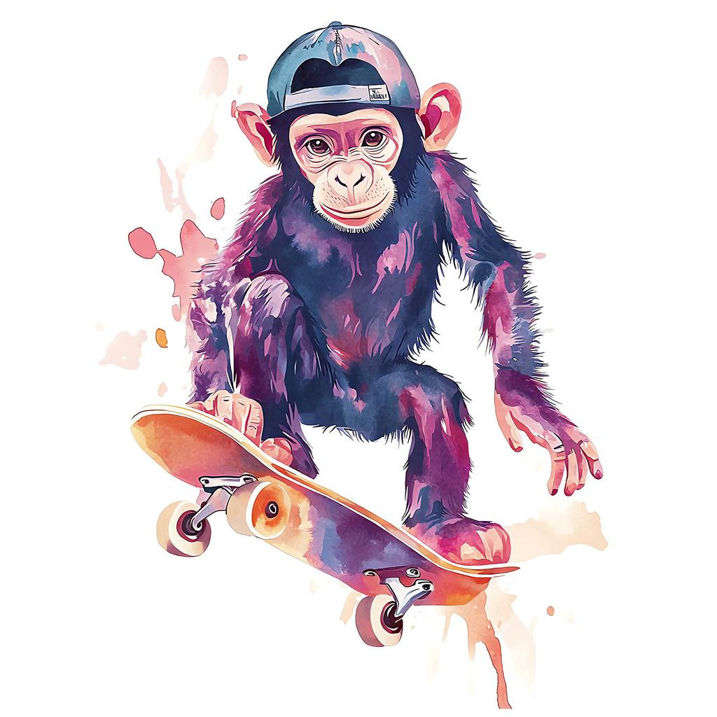 Plakat Małpi Skateboardzista Plakat Małpi Skateboardzista, 70X100 Cm, Rama Drewniana Jasny Dąb, Papier Matowy 230 Gsm