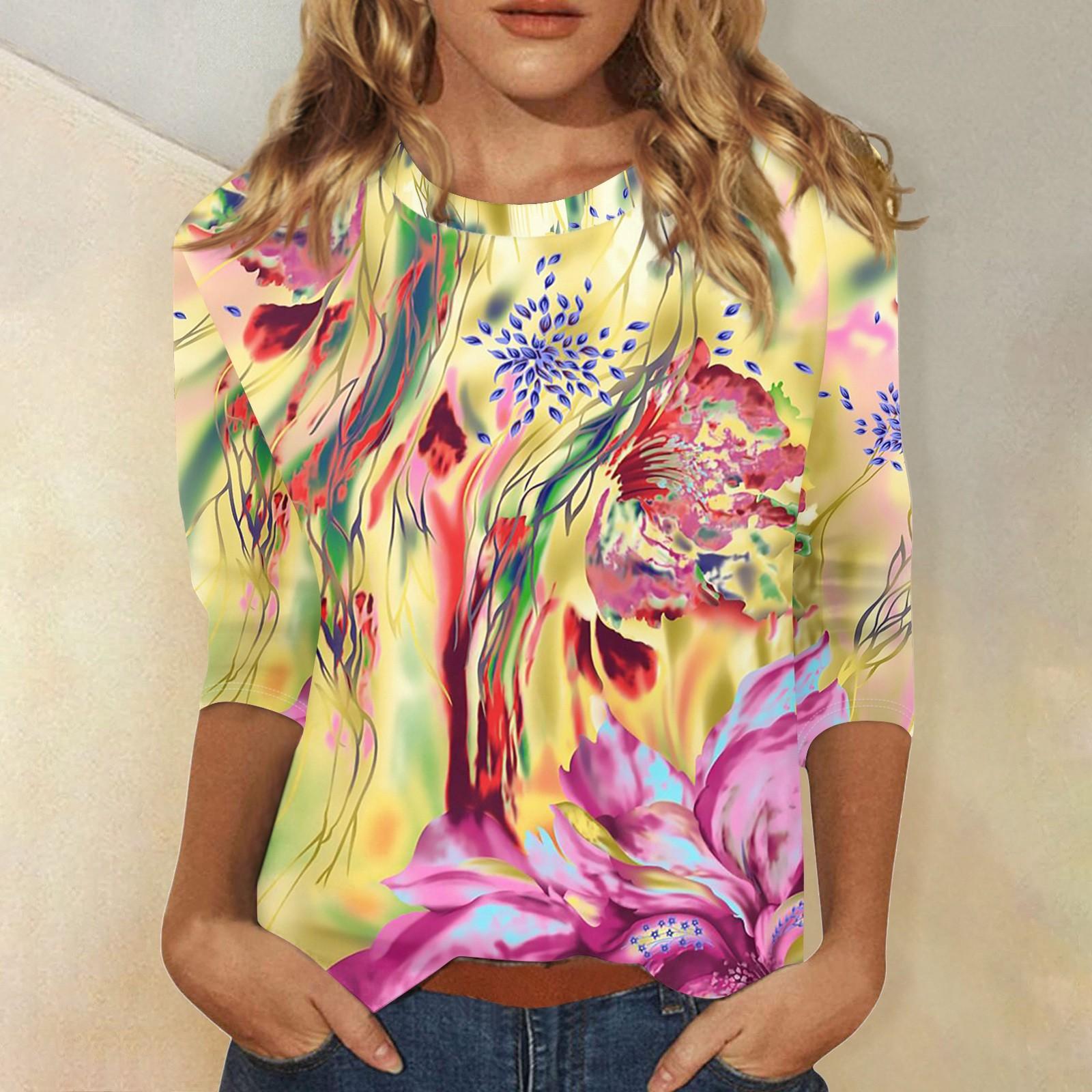 

Рубашки с рукавом 3/4 для женщин, футболки с графическим принтом, блузки, повседневные базовые топы, пуловеры L золотой