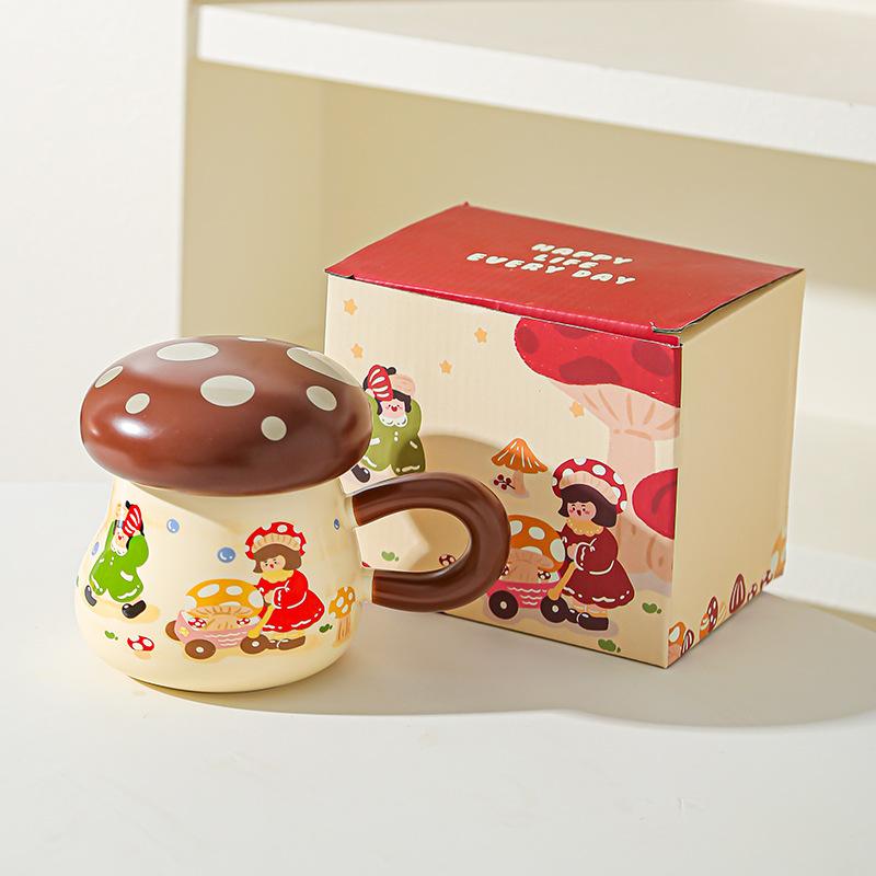 Hrnček Houbičková dívka Vysoce hodnotný suvenýrový dárek Roztomilý kreslený keramický hrnek s víčkem Velkokapacitní hrnek na pití