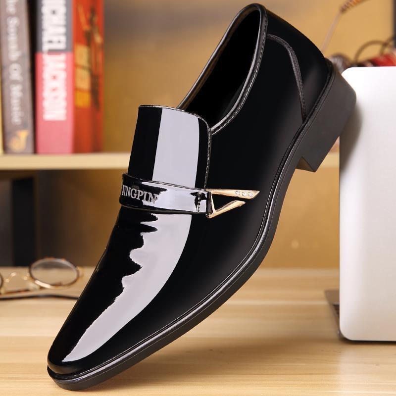 Shiny Leather Shoes, Patent Leather Pointed Toe Business Dress Shoes, Comfortable Groom Shoes