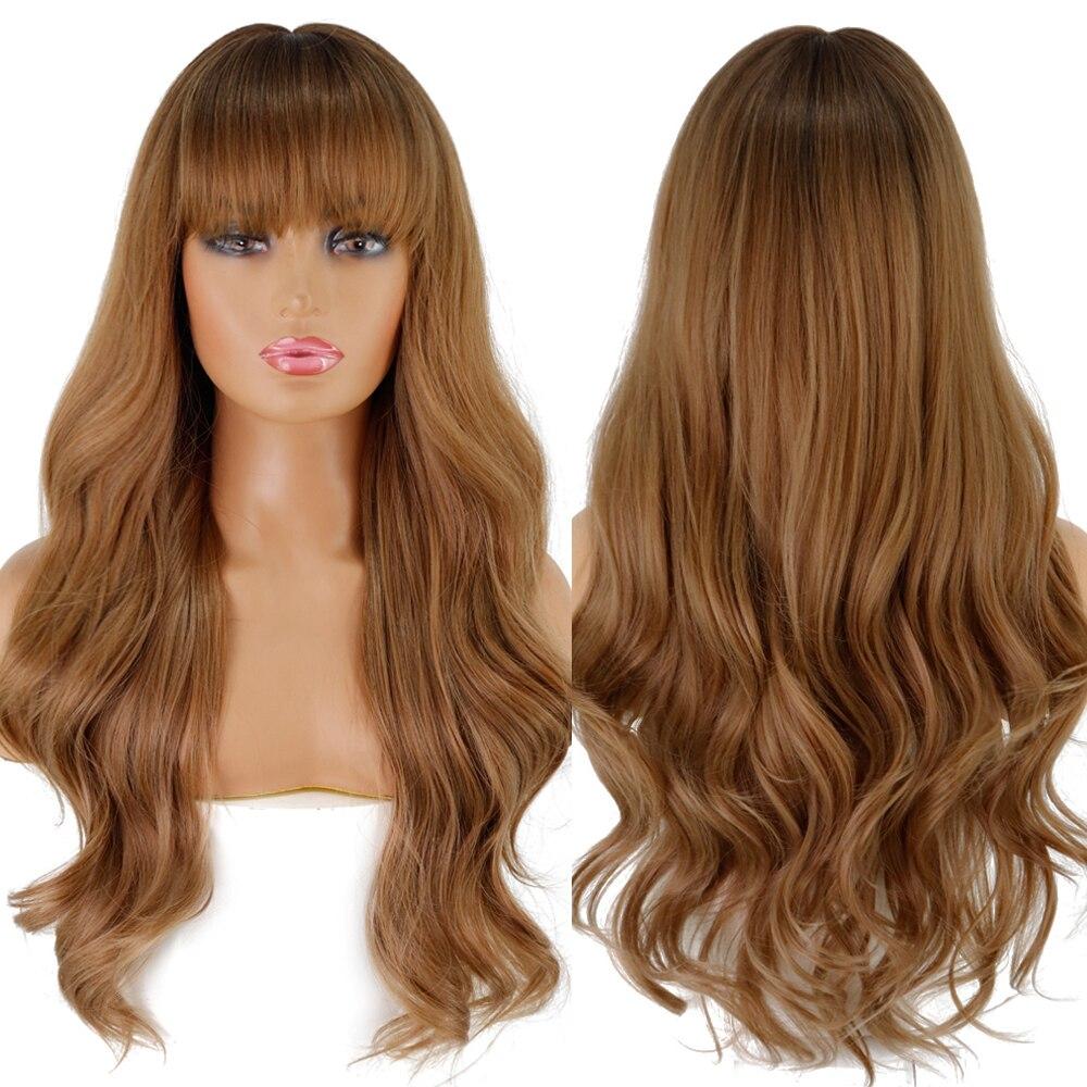 MERISIHAIR Long Dark Brown Women's Wigs with Bangs Water Wave Heat Resistant Synthetic Wigs for Black Women African American Hair