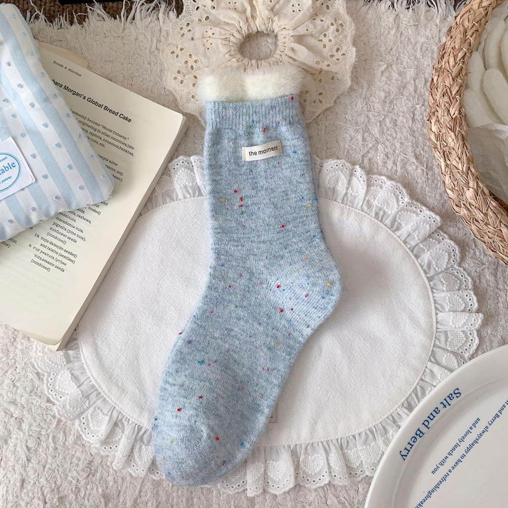 Dot Yarn Wool Socks Children'S Letter Cloth Label Medium Tube Socks Thermal Thickened Plush Stacking Socks