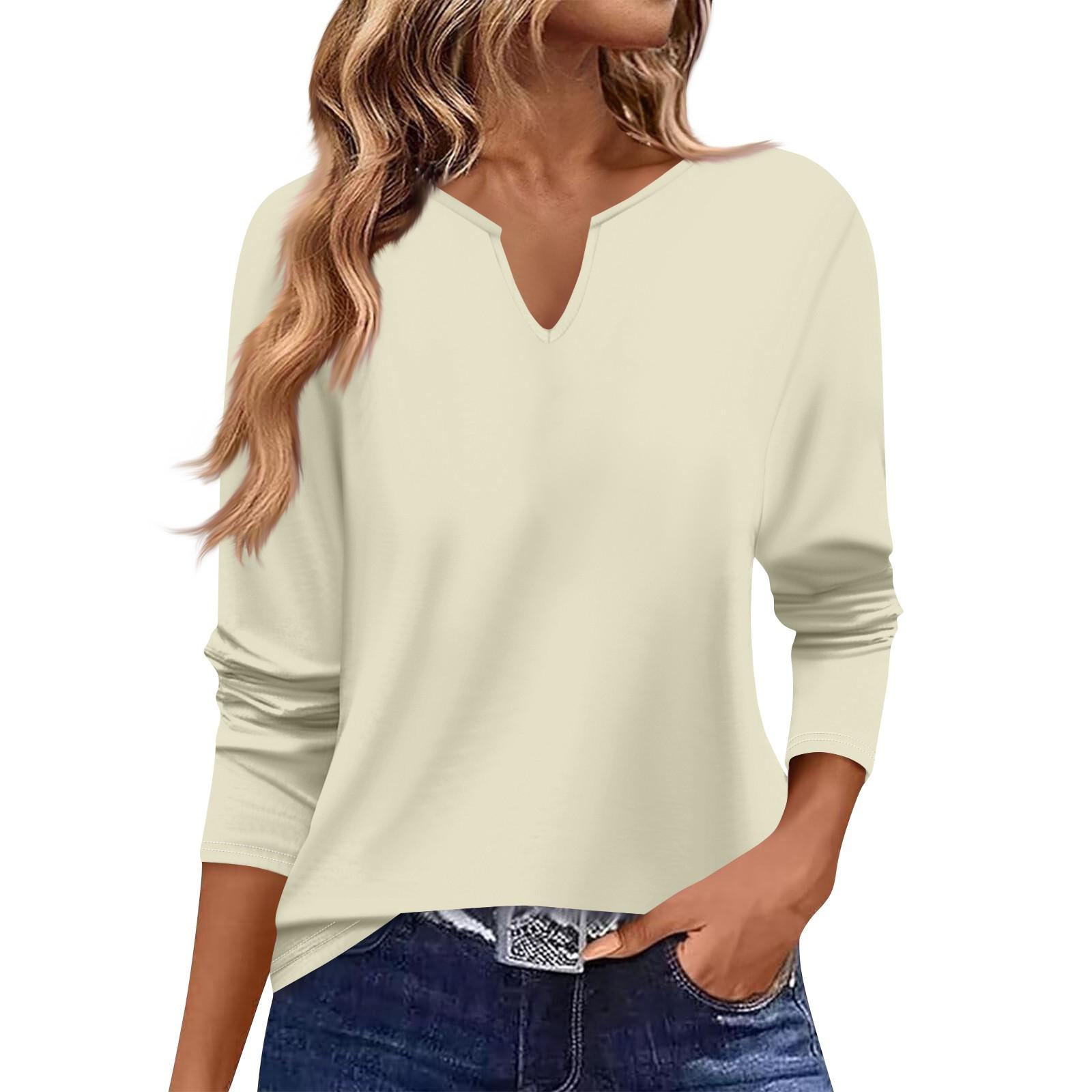 

V-neck Women s Casual Long-sleeved Retro Solid Color Small V-neck T-shirt Top L бежевый