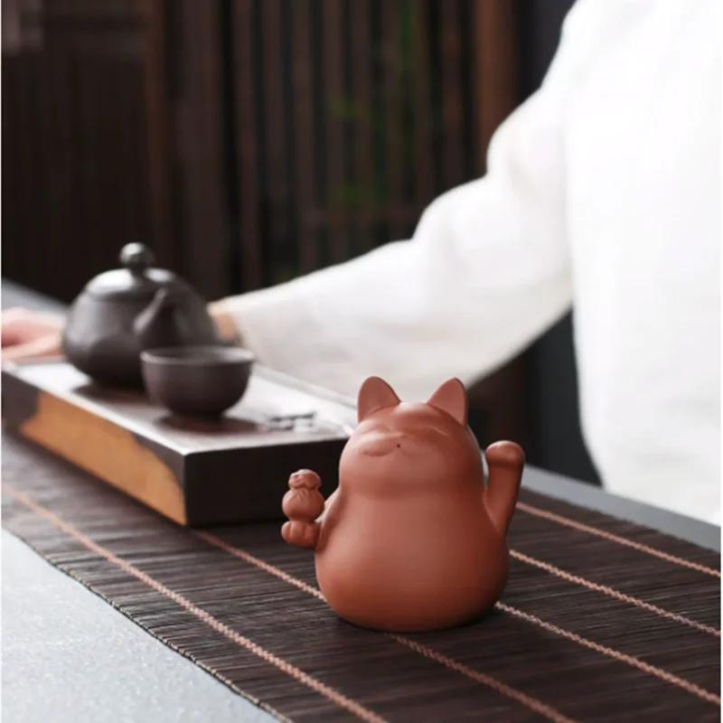 1 Pc Chinese Purple Clay Tea Pet Handmade Lucky Cat Animal Statue Ornaments Sculpture Tea Figurine Decoration Household Tea Set