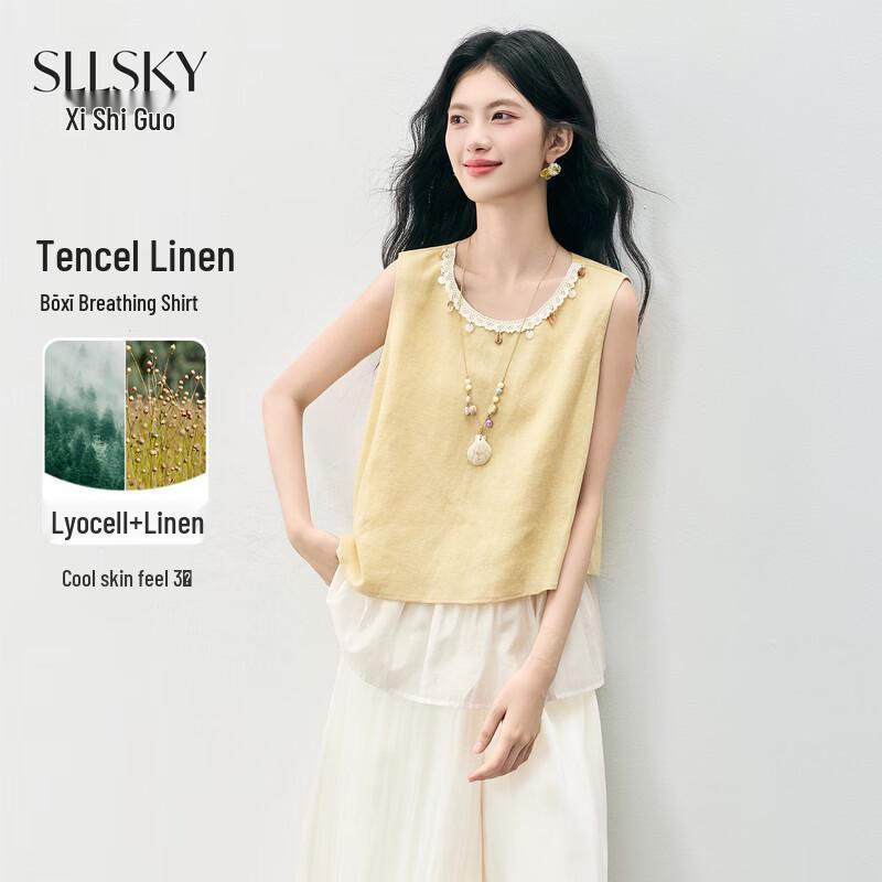 Sllsky Women s Tencel Linen Faux Two-Piece Sleeveless Top S