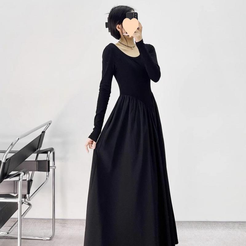 Women Slim Waist Long Dresses Patchwork Long Sleeve Dress Elegant Simple O-Neck A-Line Midi Dress