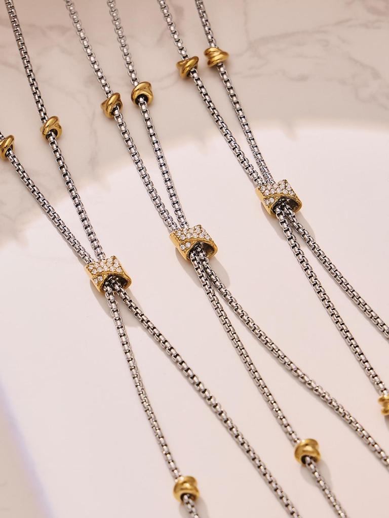 Two-tone Zircon Pull-out Necklace: European & American Style, Stainless Steel, Niche Ins Design, High-end Jewelry