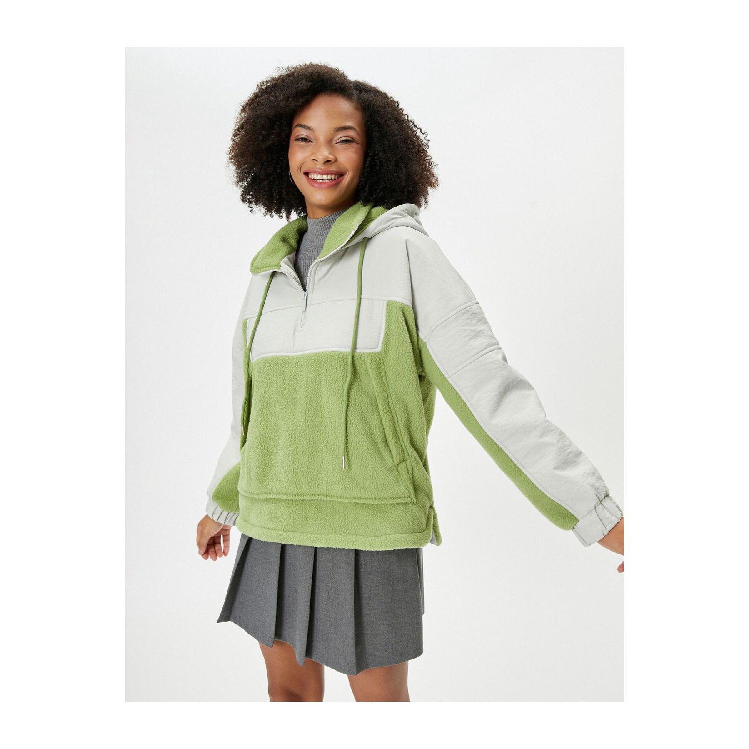 

Hooded Sweat Plush Coat With Half Zipper And Double Fabric Pockets 34 сірий колір