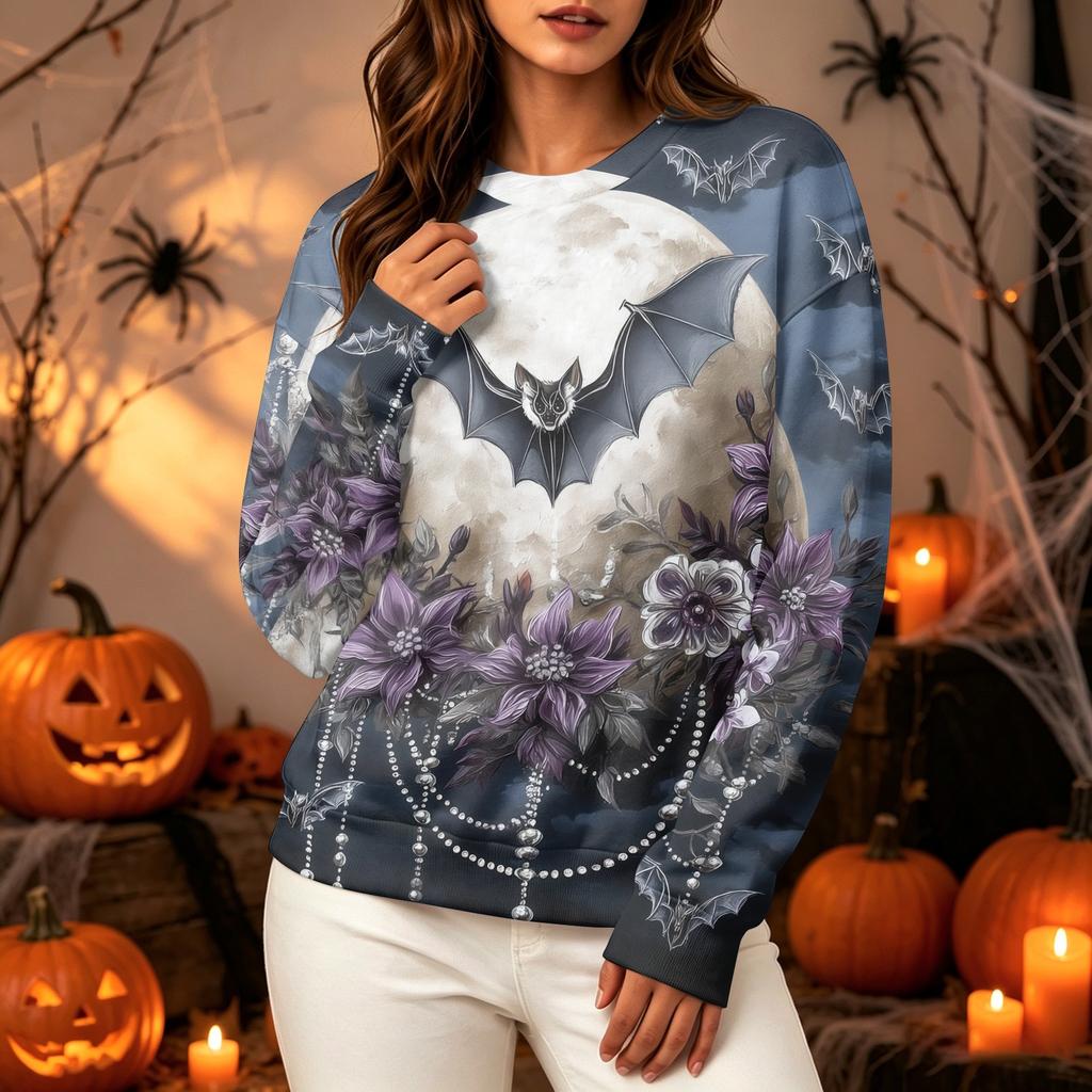 Women's Halloween Print Long Sleeve Pullover Hoodie Casual Round Neck Top