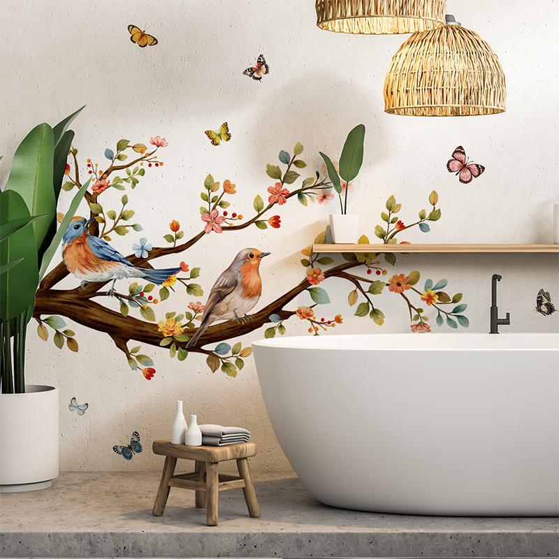 Kreativer Bunter Tuschemalerei Blumiger Pfirsichbaum Zweig Vogel Wandaufkleber Hintergrundwand Heimdekoration Selbstklebender Wandaufkleber