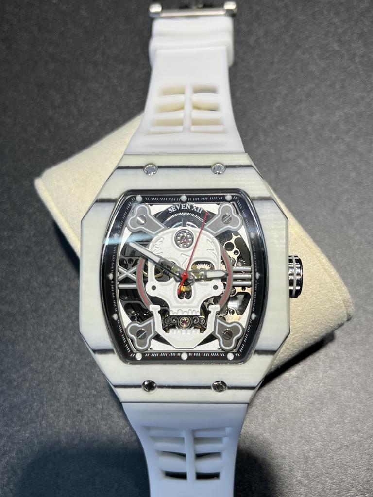 SEVEN XII Skull Mechanical Automatic Skeleton Watch, Carbon Fiber Case, Tonneau Shape, Luminous Dial, Waterproof, Luxury Men's Watch (White)