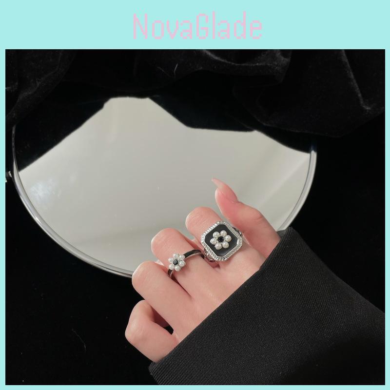 Anel Flor de Pérola Francesa Vintage Elegante Para Mulheres Banda de Cobre Ajustável Design Único