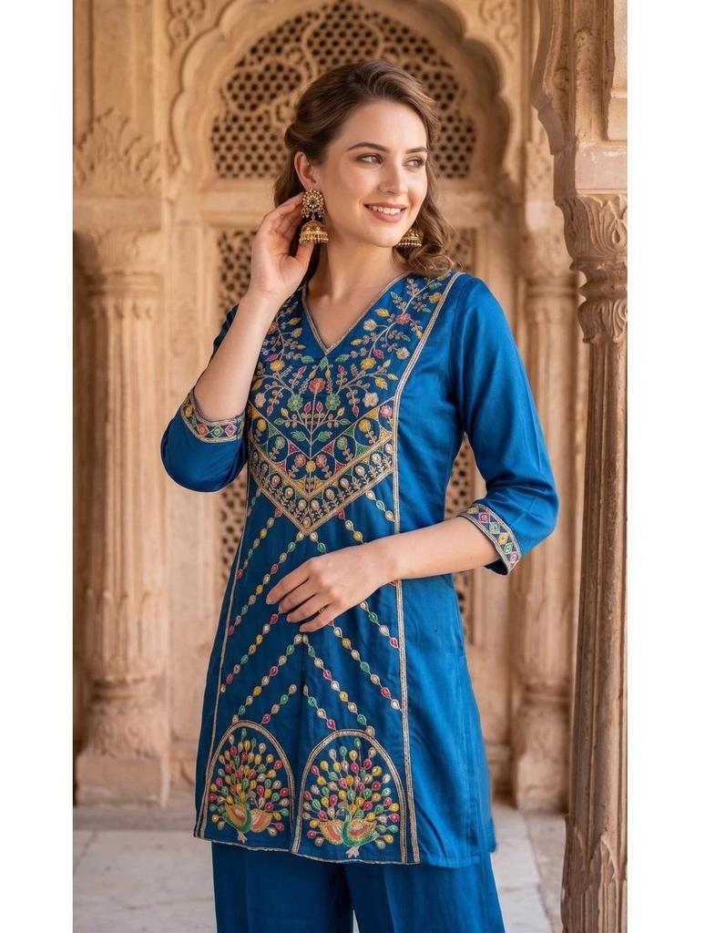 Women Polyester Ethnic Top Pant Set Party Wear Bollywood Tunic Kurti Cord Set Dress