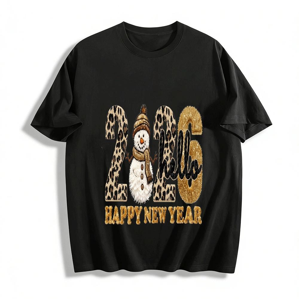 Hello 2026 Happy New Year Leopard Print Snowman Top Pure cotton T-shirt XXS