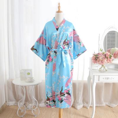 Comfortable Homewear Peacock Long Average Size Robe Imitation Silk Single Japanese Kimono Open Robe Fashionable Temperament and Elegance