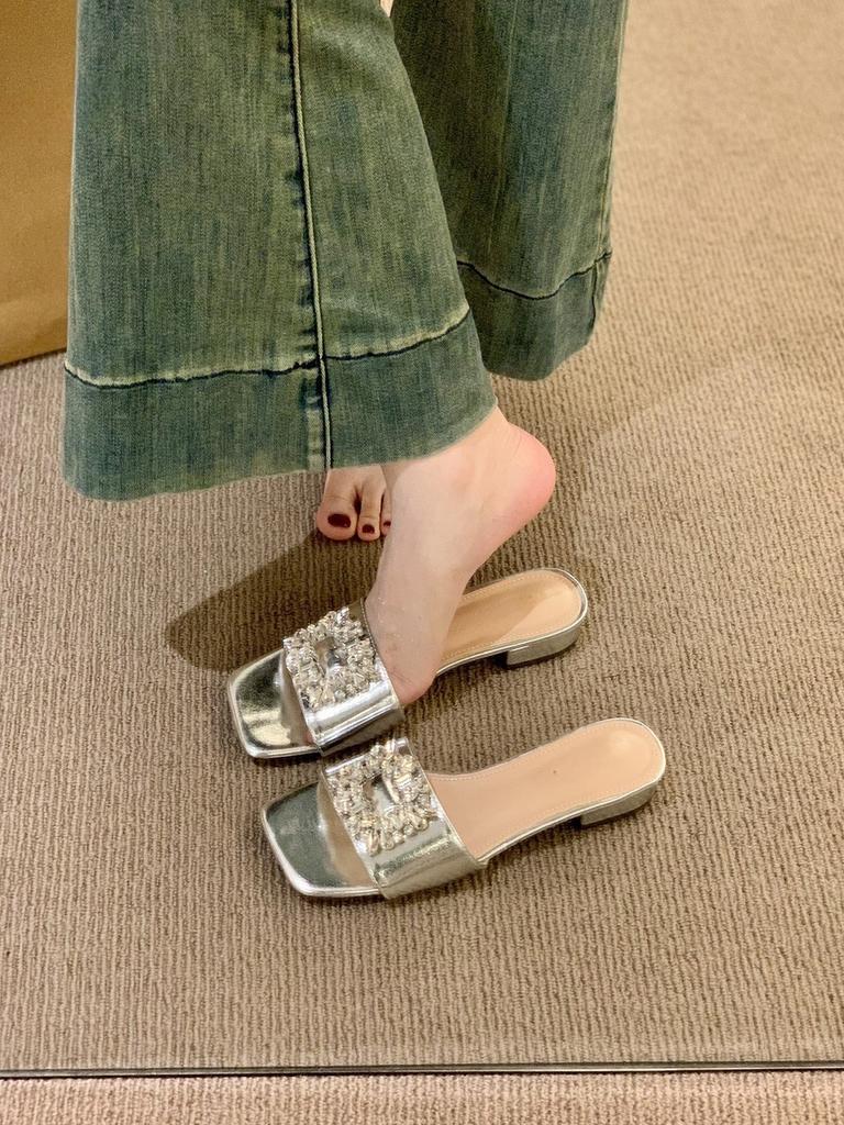 French thick heel silver temperament square buckle rhinestone one-word cool slippers women's shoes wear 2025 summer vacation sandals