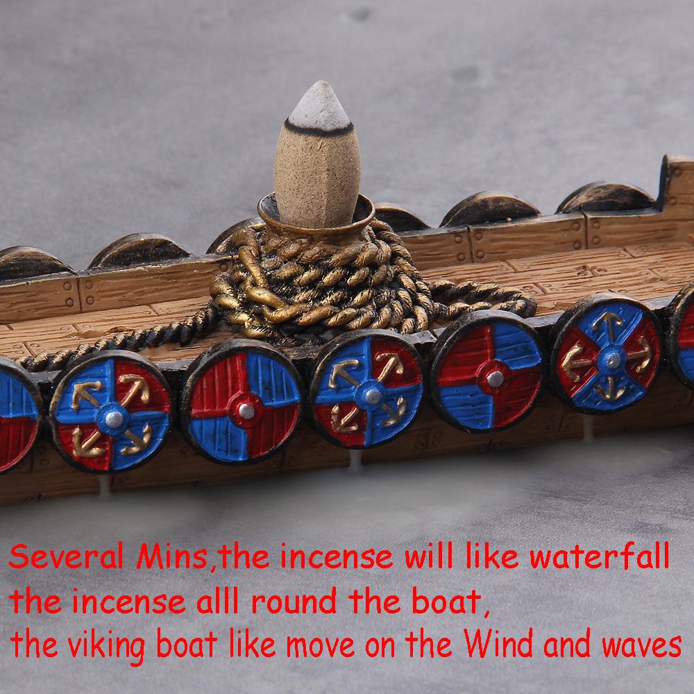 Ceramic Waterfall Incense Burner Viking Dragon Boat with 10 Free Cones Gift Option for Mixed Aromas